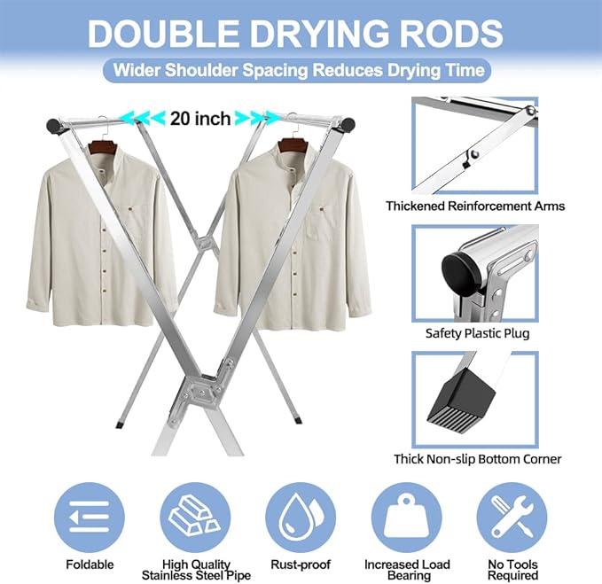94.5in Premium Stainless Steel Clothes Drying Racks, Foldable and Adjustable Laundry Drying Rack Clothing for Indoor Outdoor (94.5" D x 28.4" W x 50.4" H)