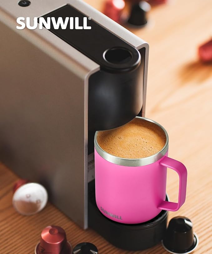 SUNWILL Insulated Coffee Mug, Stainless Steel 14 oz, Splash-Proof Lid | Keeps Drinks Hot & Cold, Powder-Coated Magenta Finish, Dishwasher Safe, Ideal for Home & Office