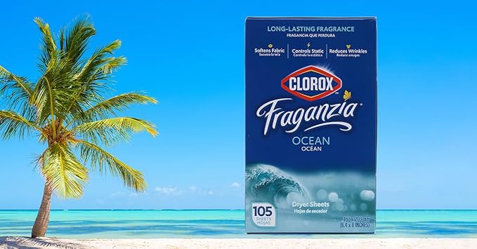Clorox Fraganzia Fabric Softener Dryer Sheets Wrinkle Reducing Anti Static Laundry Dryer Sheets Great Smelling Clothes Softens Fabrics Fresh Ocean Scent 105 Count Single Box Home Dorm Laundry Room