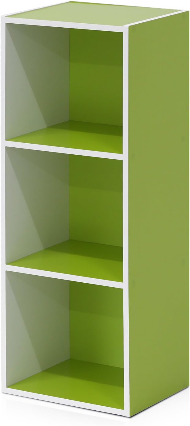 Furinno LUDER Book Shelf, 3-Cube Bookshelf, Bookcase with Open Shelves, 9.3 x 12 x 31.5, Easy Assembly, for Living Room, Bedroom, Home Office, White/Green