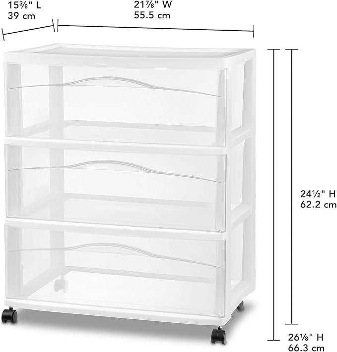 Sterilite 4 Pack Wide 3 Drawer Storage Cart, Plastic Organizer with Wheels, White - Multipurpose Bin for Clothes, Accessories, or Home Accessories