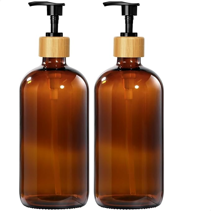 GMISUN Amber Glass Soap Dispenser, 2 Pack Bathroom Hand Soap Dispensers with Bamboo Pump, 17 Fl Oz Kitchen Hand and Dish Soap Dispenser Set, Modern Vintage Liquid Brown Soap Dispensers Bottle
