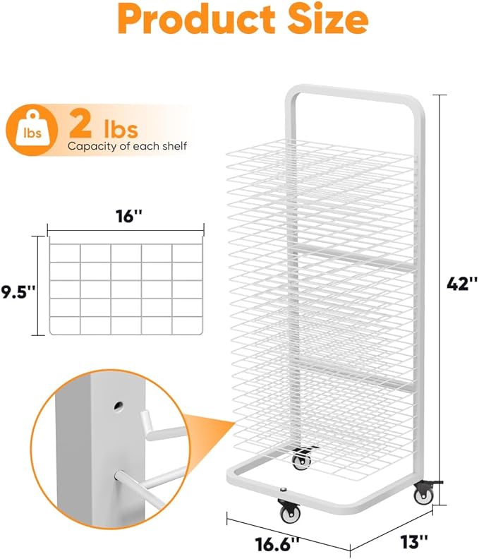 Art Drying Rack with 25 Removable Shelves, Mobile Metal Paint Drying Stand with Lockable Wheels, Functional Canvas Rack Art Storage for Artwork in Classrooms, Art Studios and Schools, White