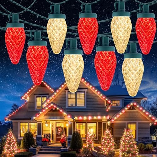 C9 Christmas Lights Outdoor, 114FT 150 LED C9 String Lights, Red|Warm White