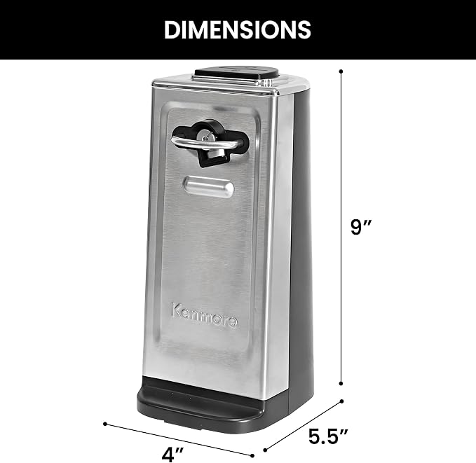 Kenmore Smooth Edge Electric Can Opener, Black & Stainless Steel | Side-cut blade opens regular and pop-top cans, handles extra-tall cans, and helps prevent sharp edges.