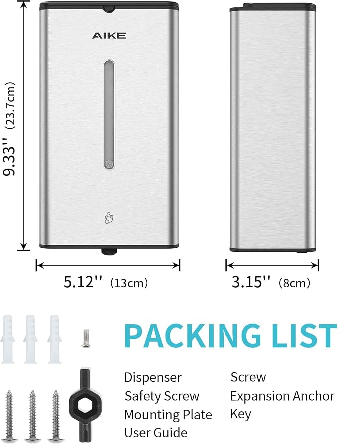AIKE Automatic Foaming Soap Dispenser 33.8oz for Bathroom,Brushed AK1207FA | Rich Foam and Steel Finish,5-Level Adjustable and Key for Commercial(Battery Not Included),Screw Wall Mount for Space-Saving