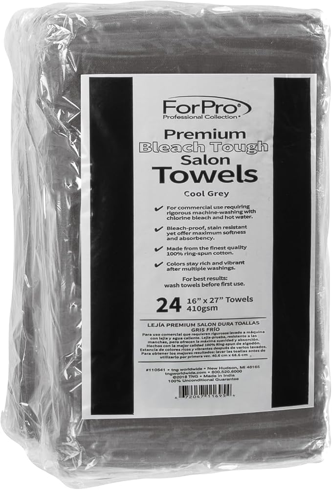 ForPro 24ct Bleach Tough Salon Towels, 16Wx27L in, Cool Grey, 100% Cotton | for Salon, Spa & Gym Use, Hand Towels, Bleach-Safe Salon Towels, Absorbent Spa Towels, Barber Towels, Salon & Spa Essentials