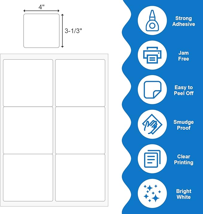 BESTEASY 3 1/3" x 4" Labels Shipping Labels for Laser Inkjet Printers, 6 Up Self Adhesive FBA Address Labels, White Matte Mailing Label Stickers (100 Sheets, 600 Labels)