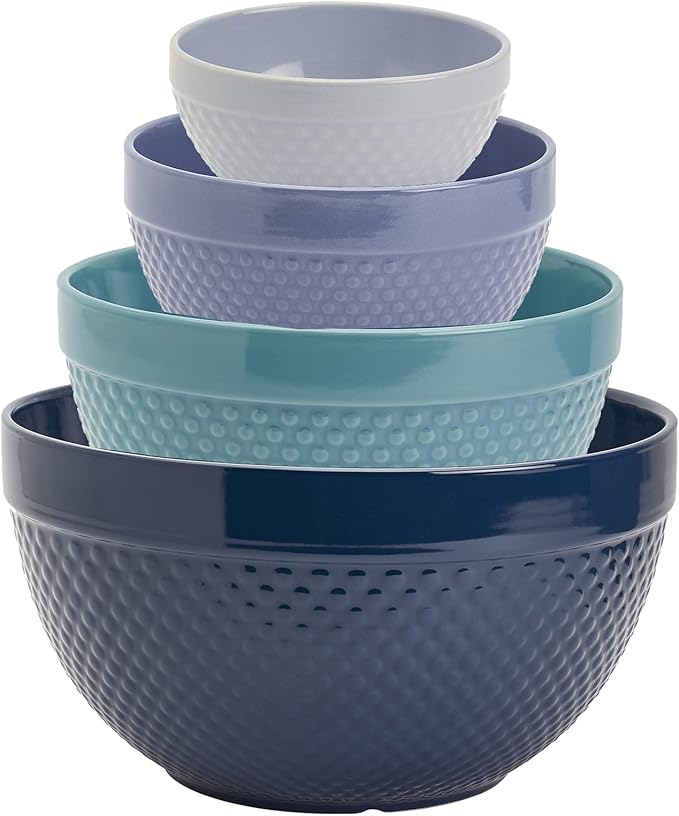Tabletops Gallery Hobnail Style 4 Piece Blue Storm Stoneware Nesting Mixing Bowl Set for Baking and Cooking