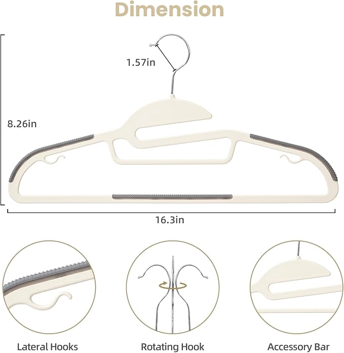 BAGAIL Plastic Hangers 50 Pack with Non-Slip Design,0.2 Inches Thick, 360°Swivel Hook Space Saving Organizer for Bedroom Closet,Shirts,Pants(Beige- S Shaped)