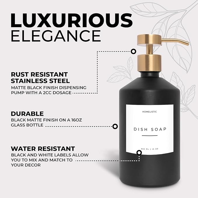 Homelistic Matte Black Glass Soap Dispenser Set with Champagne Gold Pump – 16oz Refillable Kitchen & Bathroom Soap Dispensers (2 Pack) Rust-Resistant Stainless Steel Pumps, 48 Labels