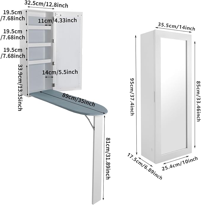 Wall Ironing Board Cabinet Built-in 35" L Ironing Board Fold Down Ironing Board Cabinet with Storage Cabinet, Mirrors, Support Table for Home Apartment, White 14" L x 6.9" W x 37.4" H