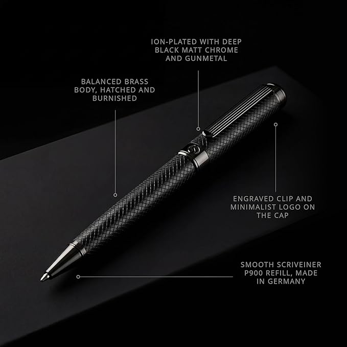 Scriveiner All Black Ballpoint Pen -Stunning Luxury All Metal Matt Black Pen, Schmidt Black Refill, Best Gift Set for Men & Women, Professional Executive Office, Nice Fancy Designer Pens