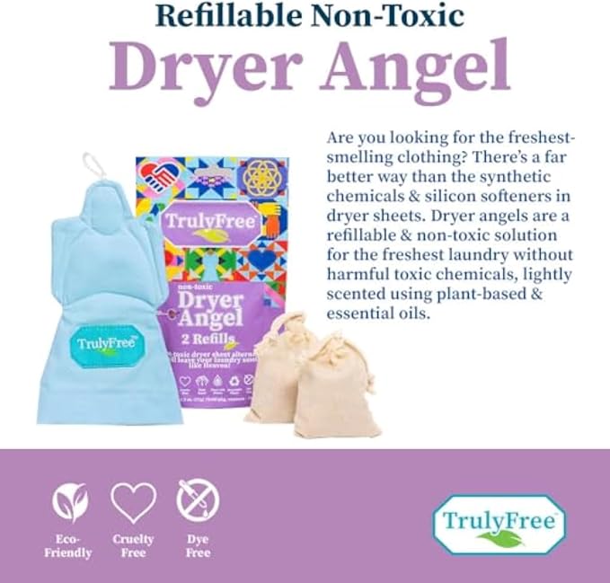 Truly Free Dryer Angel - Natural Dryer Sheet Alt, Non-Toxic Reusable Fabric Softener Booster Sheets, Safe for Babies and Sensitive Skin, Laundry Room Essentials - Germanium Scent - 2 Packs + 2 Refills