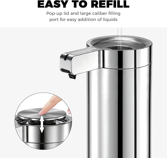 Touchless Automatic Soap Dispenser Stainless Steel with Sensor Infrared 9 oz Electric IPX5 Waterproof USB-C Charging Motion Sensor for Kitchen & Bathroom (Chrome Silvery)
