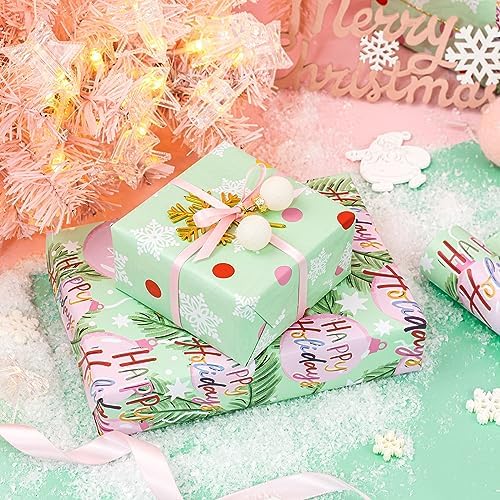 WRAPAHOLIC 30 Inch Reversible Christmas Wrapping Paper - 30 Inch x 33 Feet - Happy Holiday Lettering with Christmas Ball Design for Holiday, Party Celebration