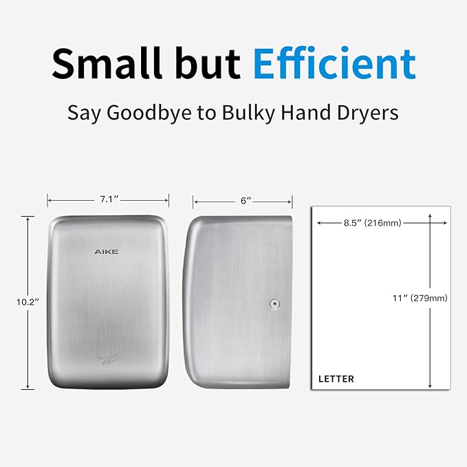 AIKE UL Approved Compact Jet Hand Dryer Hard-Wired Friendly, 1350W 120V Brushed Stainless Steel Model AK2803D
