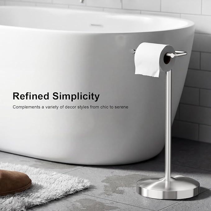 Freestanding Toilet Paper Holder Stand, Heavy Duty Brushed Nickel Stainless Steel Toilet Paper Holder with Weighted Base, Rustproof & Tool-Free Installation for Modern Bathrooms
