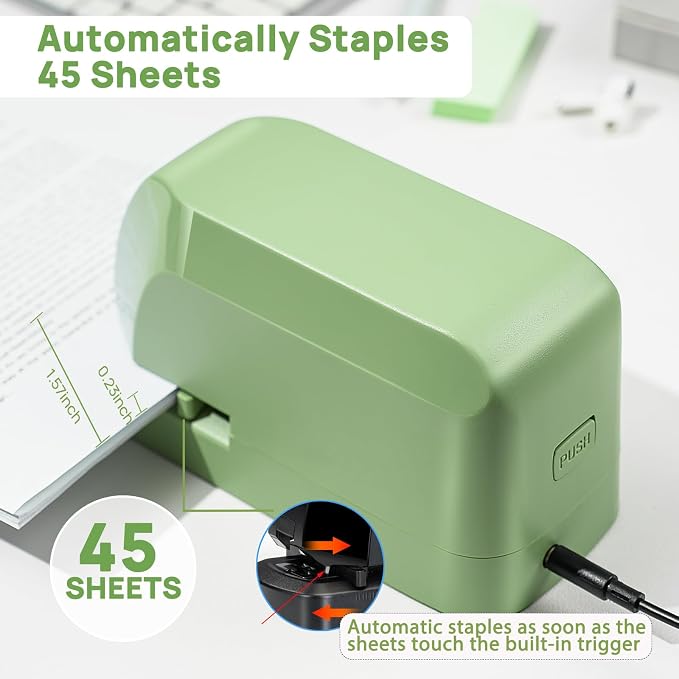 Electric Stapler for Desk Value Pack, 45 Sheet Capacity, Includes 1500 Staples & Staple Remover, No-Jam, Faster Stapling, AC Adapter Powered, Saga Green