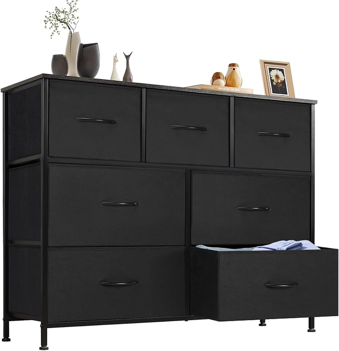 Sweetcrispy 7 Drawer Dresser Storage Organizer with Fabric Bins, Black | Sturdy Steel Frame and Wood Top, Easy Pull Handles, for Bedroom Closet Hallway Entryway