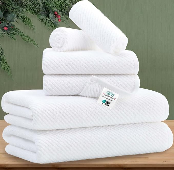 VOOVA & MOVAS White 6PC Towel Set, 100% Cotton | 2 Large Bath 30x56 In, 2 Hand 18x28 In, 2 Wash Cloths 13x13 In, Quick Dry, Thick, Hotel Shower Towel Luxury