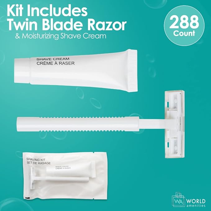 World Amenities Shave Kit (Clear Frosted Sachet) - Hotel Amenities 288 count - Includes Twin Blade Razor and Moisturizing Shave Cream