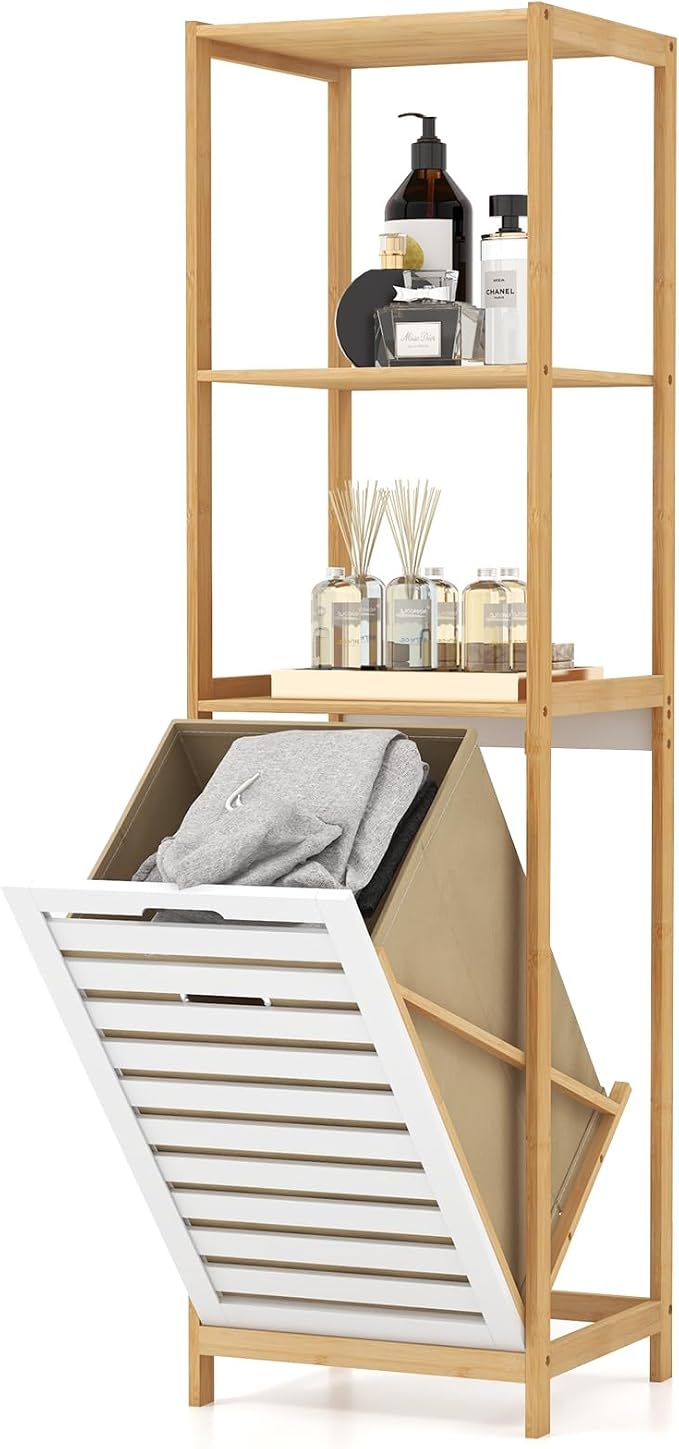 Giantex Tilt Out Laundry Hamper - Laundry Hamper Cabinet with 3 Tier Storage Shelves, Removable Laundry Basket, 51" Tall Freestanding Bamboo Tower Hamper Organizer for Bathroom Small Space