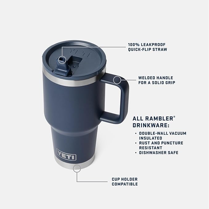 YETI Rambler 30 oz Travel Mug with Flip Straw Lid – Stainless Steel, Vacuum Insulated, Leakproof, Cup Holder Friendly, Rescue Red