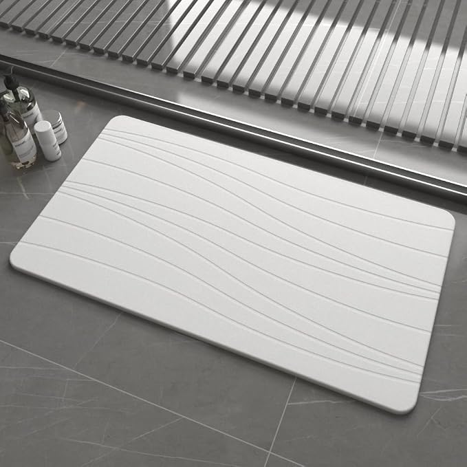 Extra Large Stone Bath Mat, 30'' x 17'' Diatomaceous Earth Non-Slip Stone Shower Mat, Super Absorbent Diatomite Stone Mats for Bathroom White XL Flow