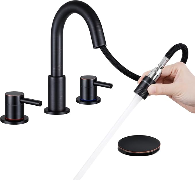 Oil Rubbed Bronze Bathroom Faucet 3 Hole with Pull Out Sprayer, Bathroom Sink Faucet with Pop Up Drain, 8 inch Widespread Faucet with 360° Swivel Spout, 2 Handle Vanity Faucet