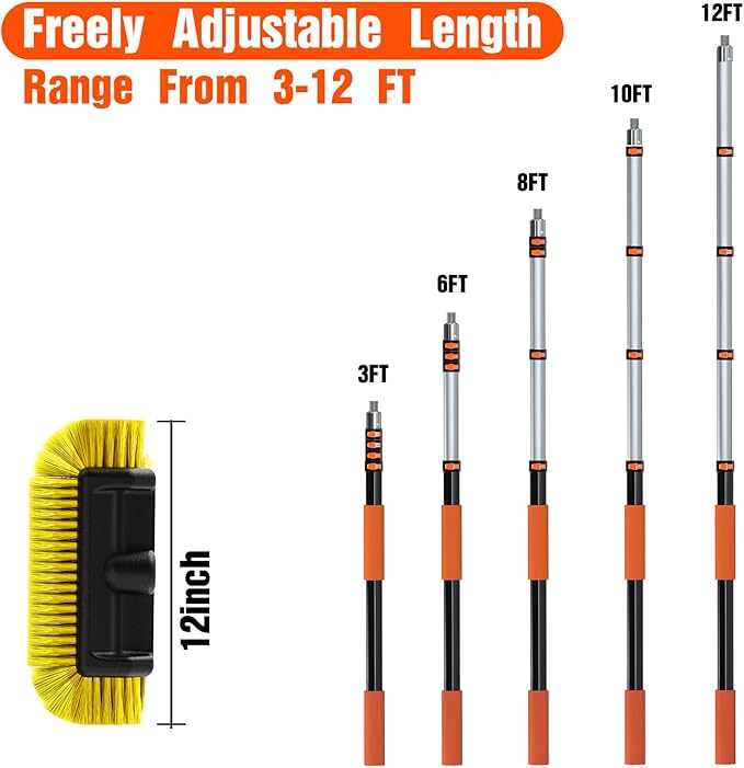 LAANPOLE 12FT Car Wash Brush with Long Handle, Car Cleaning Brush with 12 Inch Soft Bristle, Solar Panels Cleaner with Telescoping Pole for RV, Truck, Boat, House Siding
