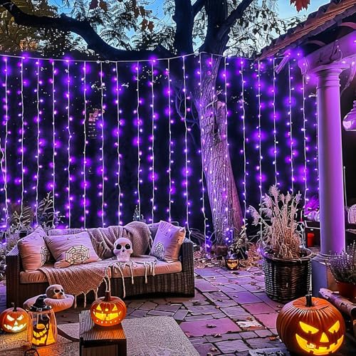 JMEXSUSS 300LED Purple Halloween Lights, 9.8x9.8ft Curtain Lights Plug in