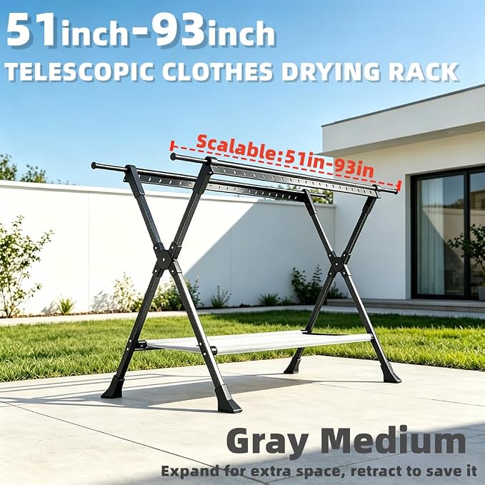 Telescopic Folding Floor Clothes Drying Rack, Thickened Steel Pipe, Household Balcony & Outdoor Clothes Hanging Rod with Drying Net (Medium Expandable)