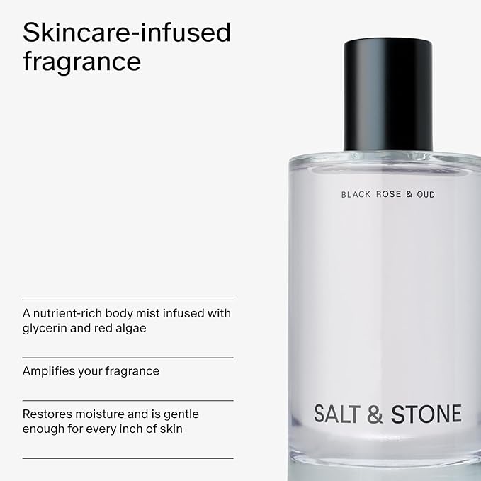 Salt & Stone Body Mist | Black Rose & Oud | Skincare Infused Hair & Body Spray for Women and Men | Hydrating Fragrance with Glycerin and Red Algae | Vegan, Cruelty Free, 3.4 fl oz