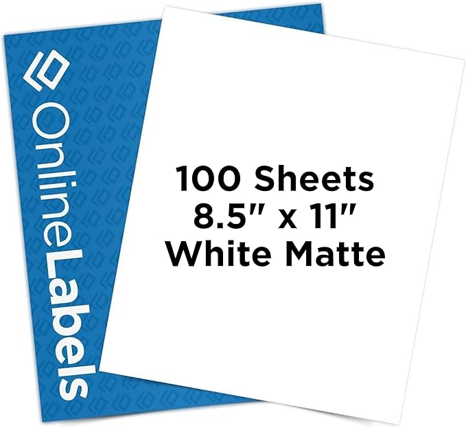 OnlineLabels 8.5" x 11" Full Sheet Sticker Paper – Permanent Adhesive, White Matte – Works with Cricut & Silhouette – for Inkjet & Laser Printers – Pack of 100 Sheets OL177WX