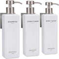 Luxury Shampoo and Conditioner Dispenser Set Wall Mounted by Brighter Barns - Refillable Shower Dispenser with Stainless Steel Pumps - Shampoo Bottles 3 Chamber No Drill for Airbnb, Spa, Hotel (White)