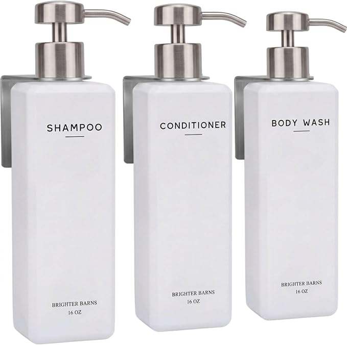 Luxury Shampoo and Conditioner Dispenser Set Wall Mounted by Brighter Barns - Refillable Shower Dispenser with Stainless Steel Pumps - Shampoo Bottles 3 Chamber No Drill for Airbnb, Spa, Hotel (White)