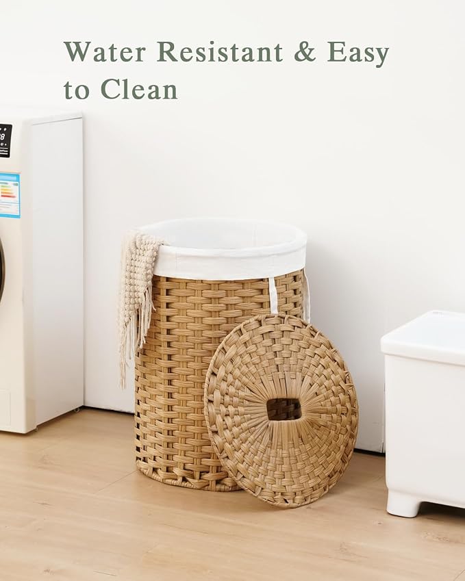 SETVSON Laundry Hamper with Lid 23.8 Gal (90 L) PE Rattan, Natural | 90L 23.8 Gal Round PE Rattan Hamper with Lid, Removable Washable Liner Bag, 2 Mesh Wash Bags, Steel Frame, Handles