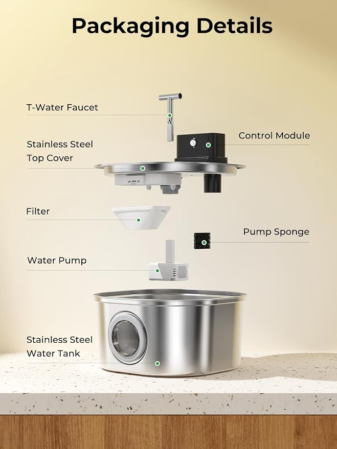 Voluas Stainless Steel Cat Water Fountain, Wireless, 108oz/3.2L, 4Filter | Cordless Design, T-Shaped Dual Water Outlet, Ultra-Quiet Pump, BPA-Free