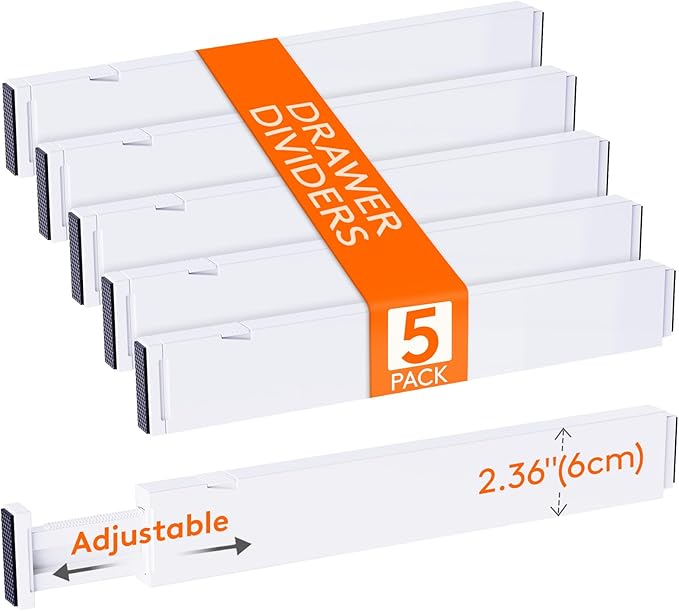 Lifewit 5 Pack 2.36" High Drawer Dividers 40-56cm/16-22 Adjustable Drawer Organizer for Clothes/Utensils, Expandable Drawer Separator in Dresser/Kitchen/Bedroom/Office Organization & Storage White