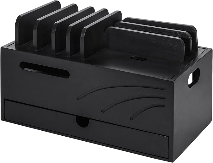 Homde Natural Bamboo Charging Station Rack for Multiple Devices Cable Cord Management Box Organizer Holder with 6 Slots Drawer for Chargers Phones Tablets Watches Electronics (Black)