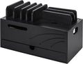 Homde Natural Bamboo Charging Station Rack for Multiple Devices Cable Cord Management Box Organizer Holder with 6 Slots Drawer for Chargers Phones Tablets Watches Electronics (Black)