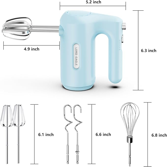 Lord Eagle 5-Speed Hand Mixer Electric, 300W Compact Handheld Mixer, Portable Kitchen Egg Beater with 5 Attachments & Storage Bag, Cake Supplies for Bread Dough Baking, Lightweight, Blue