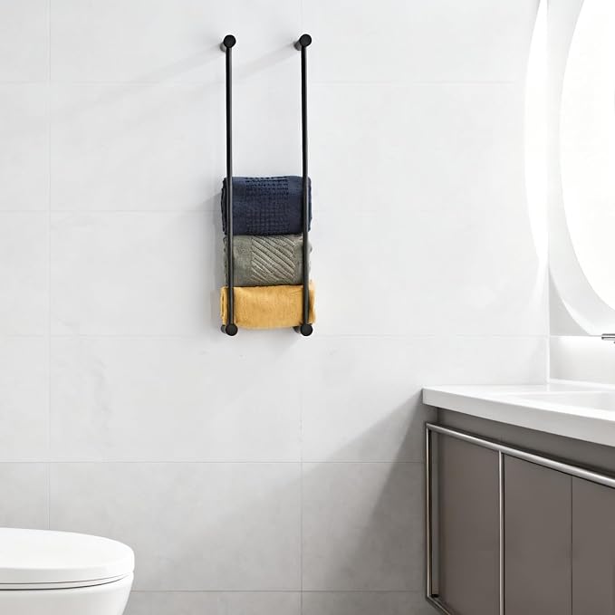 Towel Racks for Bathroom, NEWRAIN Wall Mounted Stainless Steel Organizer, Matte Black Rolled Towel Storage Wall-Mounted Bath Towel Holder for Folded Large Towel Washcloths ﻿