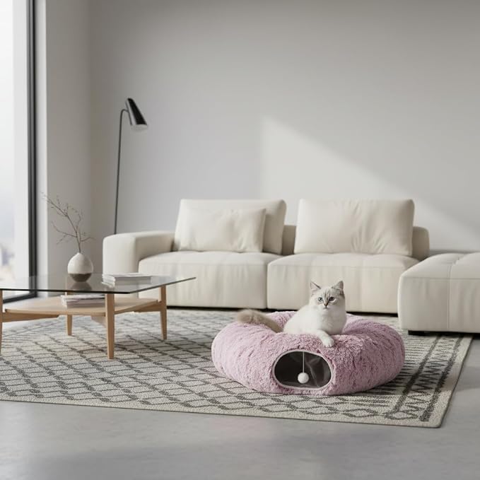 AUOON Plush Cat Tunnel Bed for Indoor Cats, 36"L x 36"W x 11.5"H, Rosiness | 2 in-1 Interactive Cat Toy, with Hanging Ball Toy, Machine Washable Center Pad, for Kitten Puppy Rabbit Ferret