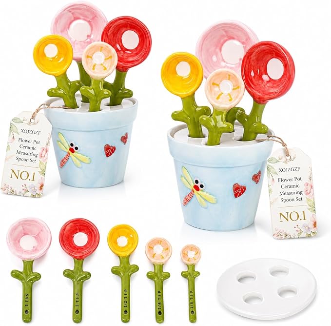 Flower Pot Ceramic Measuring Spoon Set, 5PCS Cute Spoons Cups with Base, Polygons Pink Decorative Teaspoon in Pot Holder, Unique Baking Supplies Gifts, Kitchen Cooking Stuff Gadgets Women(2*Blue)