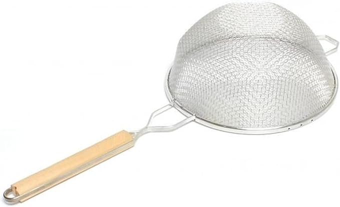 TrueCraftware- 10-Inch Double Fine Mesh Strainer Stainless Steel with 10-3/4" Handle Length Wooden Handle- Kitchen Utensil Food Strainer Skimmer Spoon for Cooking Sieve Sifters Pasta Fruits Vegetable