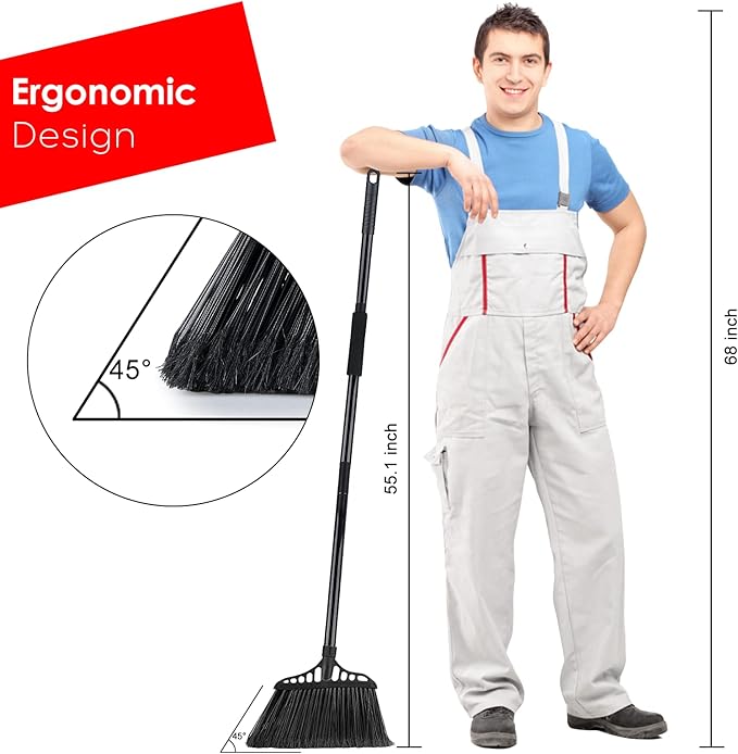 Tiumso 3-Pack Heavy Duty Broom, Commercial Broom with 55" Long Handle Outdoor Indoor, Industrial Brooms for Sweeping Garage Concrete Courtyard Patio Home Kitchen Office - All Black