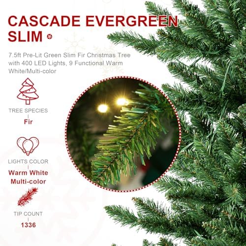 Glitzhome 7.5ft Prelit Christmas Tree, Artificial Christmas Tree Emerald Elegance Slim Green Fir Tree with 400 LED Lights, 1336 Branch Tips, 9 Functional Warm White/Multi-Color, Remote Controller