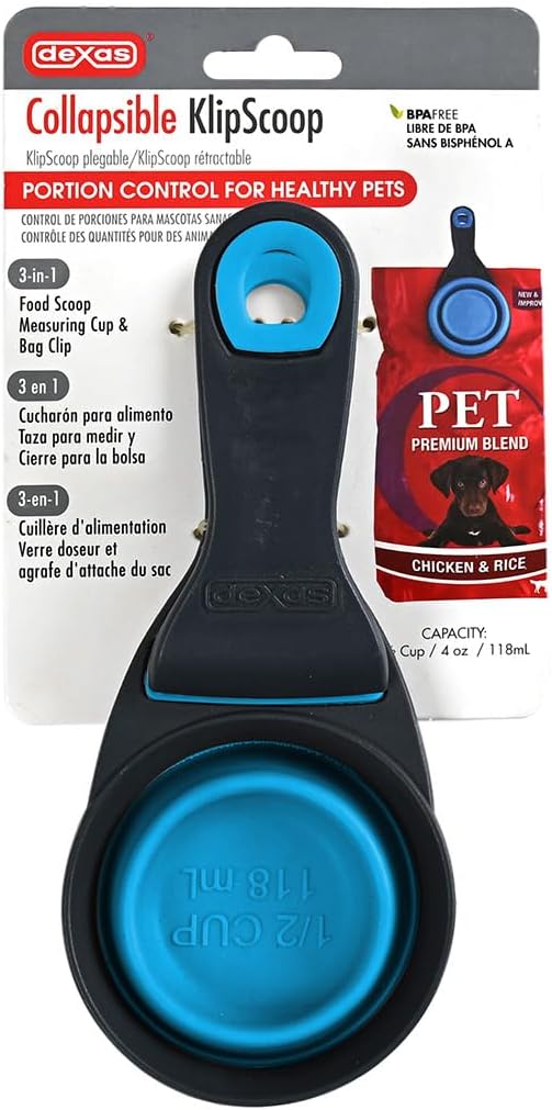 Dexas Popware for Pets Collapsible Klip Scoop, 3-in-1 Pet Food Scoop, Measuring Cup and Bag Clip, 1/2 Cup Capacity, Pro Blue